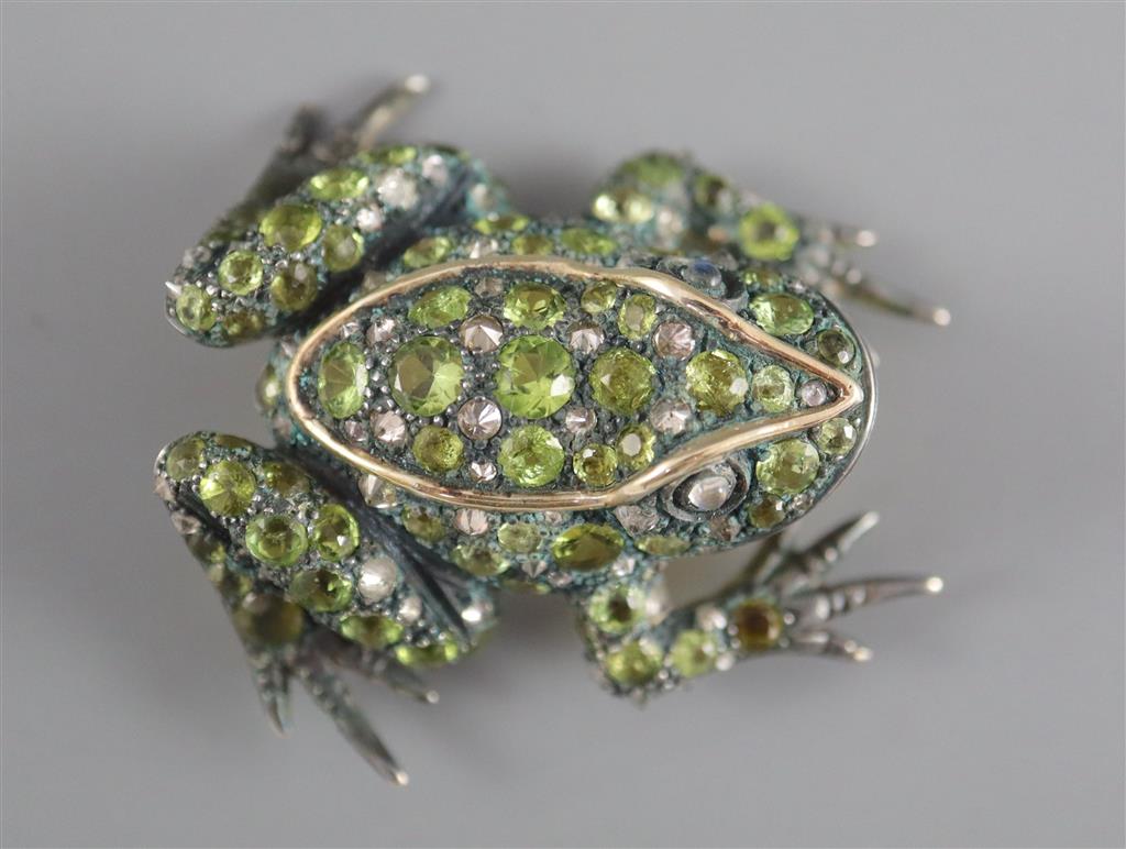 A Victorian gold and silver, peridot, diamond and moonstone encrusted brooch, modelled as a frog,
